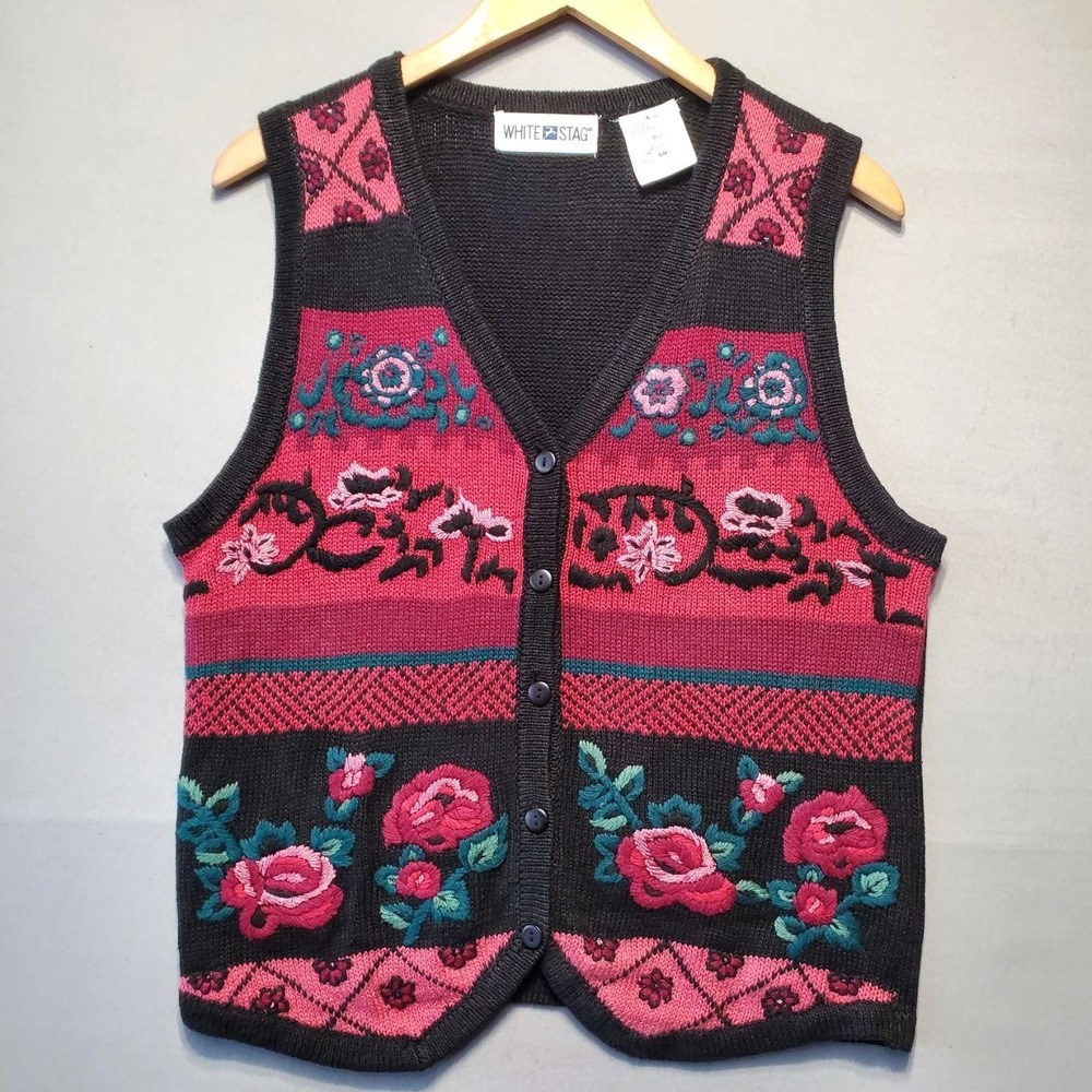 VTG White Stag Sweater Vest Women S Pink Floral Embroidered Cottagecore Boho Y2K